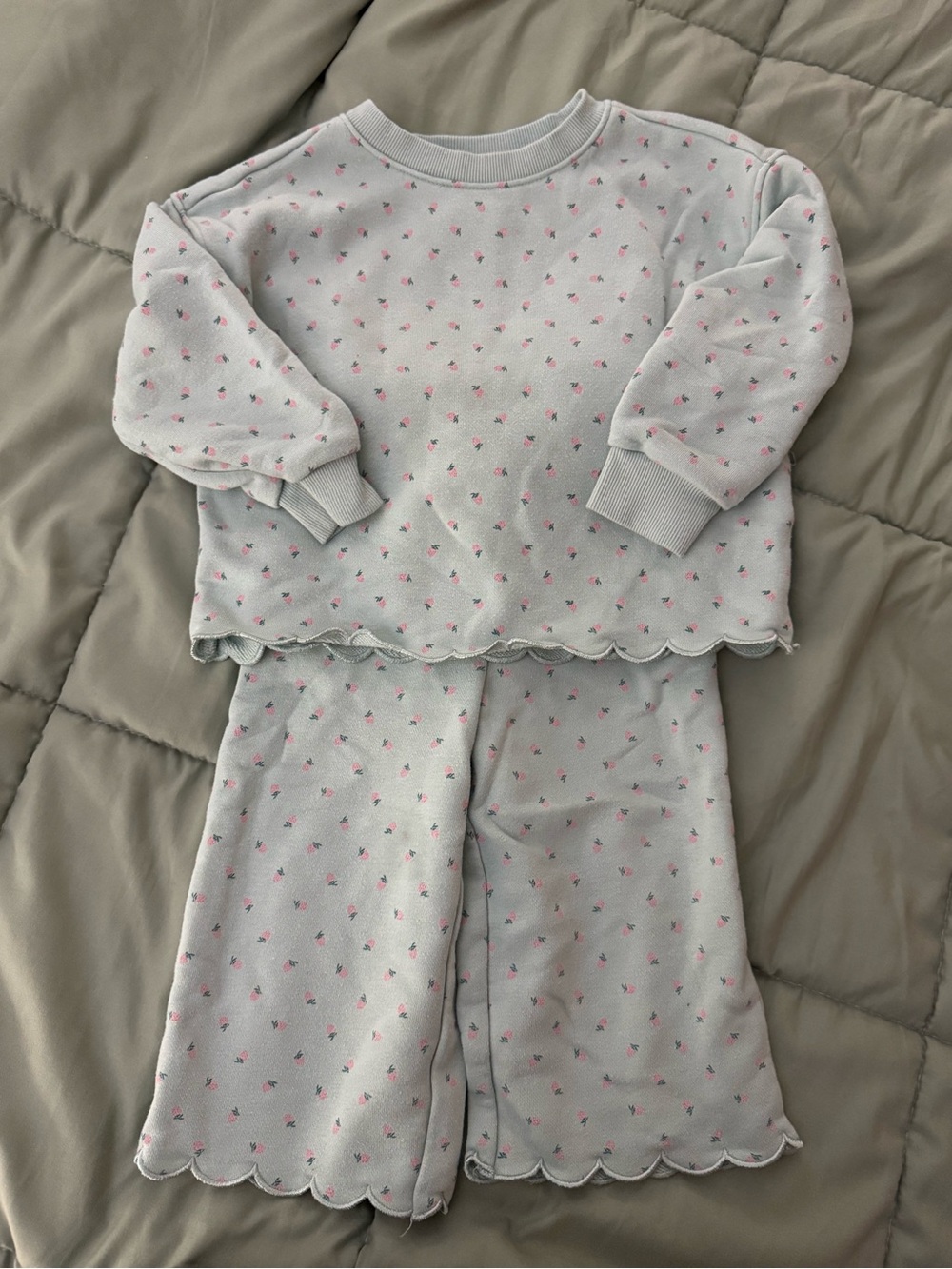 Amazon Essentials Light Gray Pajama Set with Pink Floral Print